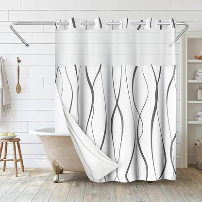 Americanflat 72x75 Hookless Shower Curtain - Water-Resistant Soft Waves Shower Curtain with Sheer Panel, Snap-in Liner, and Durable Grommets - 100% Polyester - Black and White