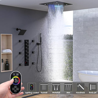 Enga Luxury Dual Shower Head System with Body Jets LED Thermostatic Shower System with 6 inch Wall Shower, 20-Inch 3 Function Shower Head (Rainfall & Mist & Waterfall), Matte Black