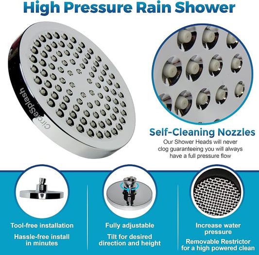 High Pressure Shower Head by Circle Splash -6 inch Chrome fixture-luxury rainfall -detachable water restrictor-tool-free installation with teflon tape