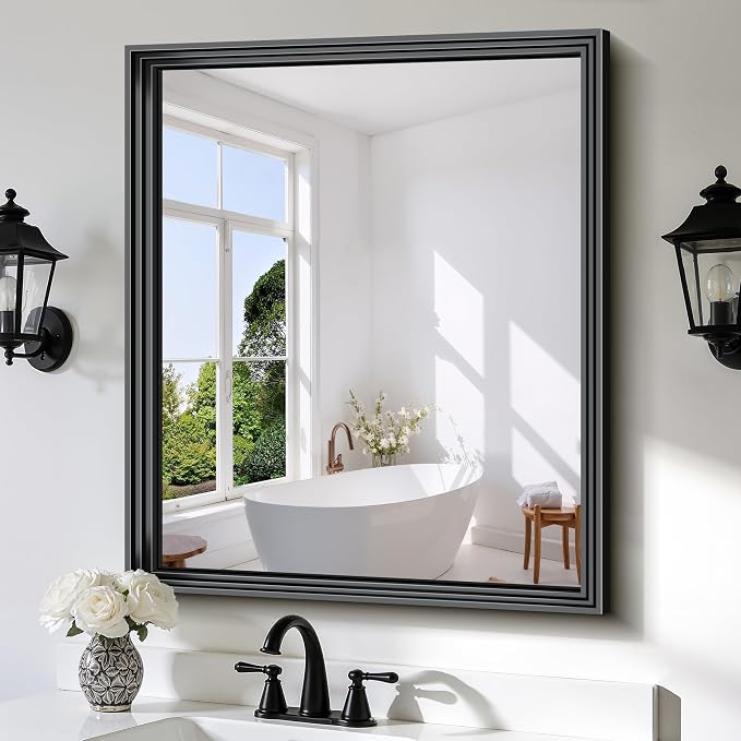 BONEWEI Black Bathroom Mirrors for Wall,30x36 inch Bathroom Mirror Over Sink,Rectangle Metal Framed Vanity Mirror Wall Mounted for Bedroom Living Room,Entryway Hangs Horizontal or Vertical Decor