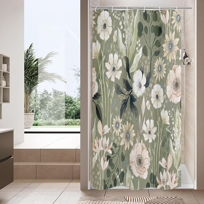 Boho Floral Shower Curtain, Green Botanical Fabric Curtain, 36 x 72 | Boho Chic Floral, Vintage Botanical, Modern Farmhouse, Eclectic Rustic, Colorful Flowers, Fabric Shower Curtain