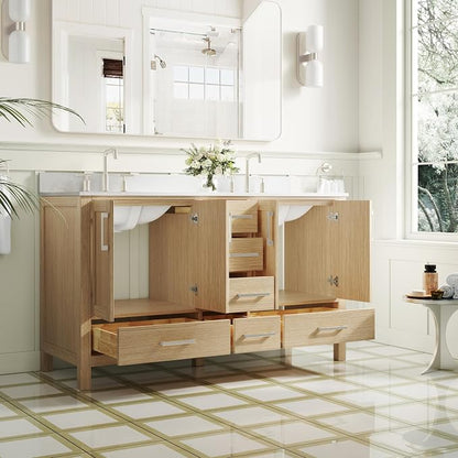 60-Inch Bathroom Vanity with Sink, 4 Soft-Close Doors and 6 Soft-Close Drawers, Bathroom Freestanding Vanity with Cultured Marble Countertop, Oak Vanity with Brushed Nickel Handles