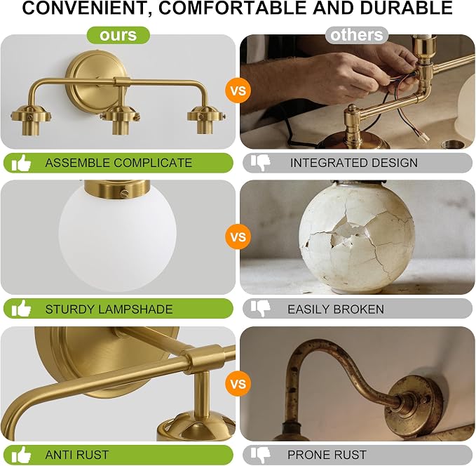 Bathroom Light Fixtures 22.4in 3-Light Brushed Gold Vanity Light for Mirror | Bathroom Lighting Fixtures over Mirror, ETL, Brushed Brass Wall Sconce, Dimmable E12 Base Max 60W, Milky Glass Ball Shades