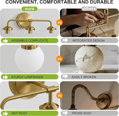 Bathroom Light Fixtures 22.4in 3-Light Brushed Gold Vanity Light for Mirror | Bathroom Lighting Fixtures over Mirror, ETL, Brushed Brass Wall Sconce, Dimmable E12 Base Max 60W, Milky Glass Ball Shades