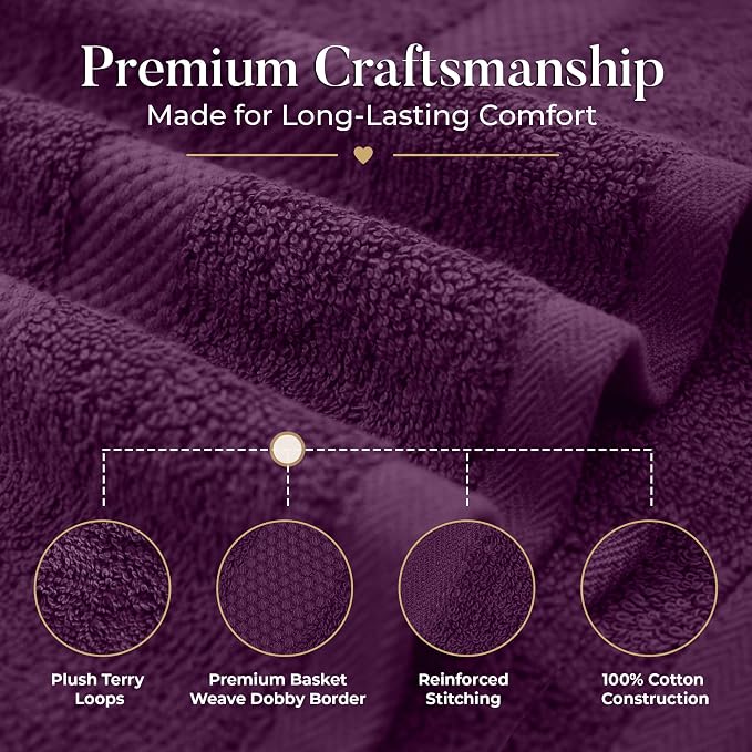 DAN RIVER 600 GSM Cotton Large Bath Towels Set of 4, 27 x 54 Inches, Purple | Larger & Lighter Weight Towels for Bathroom - Highly Absorbent & Quick Dry 100% Cotton Bath Towel Set for Home, Spa & Hotel