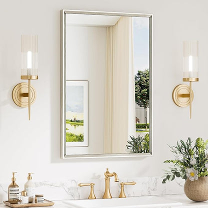 Keonjinn 20 x 30 Inch Brushed Nickel Bathroom Mirrors for Over Sink | Metal Framed Mirror for Wall, HD Tempered Glass, Farmhouse Style, Bathroom Vanity Mirror, Hangs Horizontally or Vertically