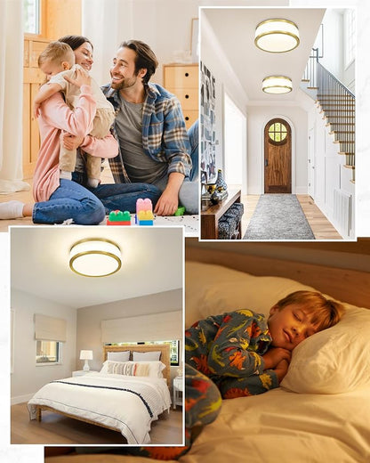 24W LED Flush Mount Ceiling Light, 15 inch 3CCT 3000K/4000K/5000K, Brushed Gold Close to Ceiling Light for Bathroom, Kitchen, Living Room, LMS-190