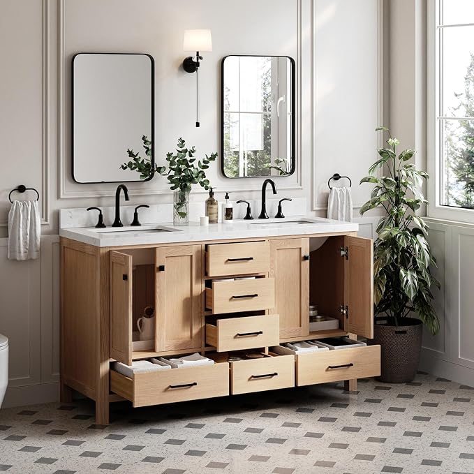 ARIEL Cambridge 60-inch Bathroom Vanity with Sink,Solid Wood, 1.5-inch Carrara White Quartz Countertop, Double Rectangular Porcelain Sink, 4 Soft Closing Doors, 6 Dovetail Drawers, White Oak