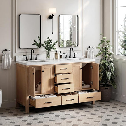 ARIEL Cambridge 60-inch Bathroom Vanity with Sink,Solid Wood, 1.5-inch Carrara White Quartz Countertop, Double Rectangular Porcelain Sink, 4 Soft Closing Doors, 6 Dovetail Drawers, White Oak