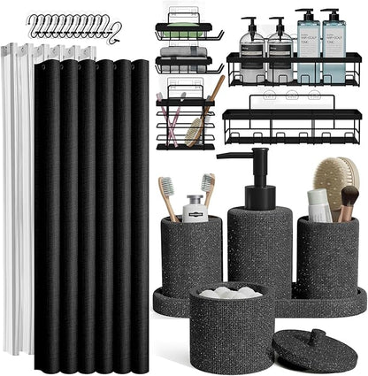 Clara Clark Bathroom Set - Coal Black Bathroom Accessories Set, 24PC Bathroom Accessory Set, Bathroom Sets with Shower Curtain Set, Adhesive Corner Shower Caddy Hanging & Soap Dispenser