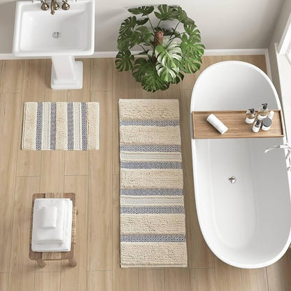 INK+IVY Asher Non-Slip Bath Rug Absorbent Quick Dry Striped, 22 x 58, Navy | Soft Pile, Machine Washable, Striped Pattern, Boho, OEKO-TEX Certified, Hand-Woven Texture, for Bathroom, Shower Room