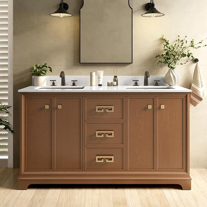 60 Inch Double Sink Bathroom Vanity, Light Walnut | Fully Assembled Bathroom Sink Cabinet, Marble Countertop & Backsplash, Soft Closing 4 Doors & 3 Drawers, Adjustable Shelves