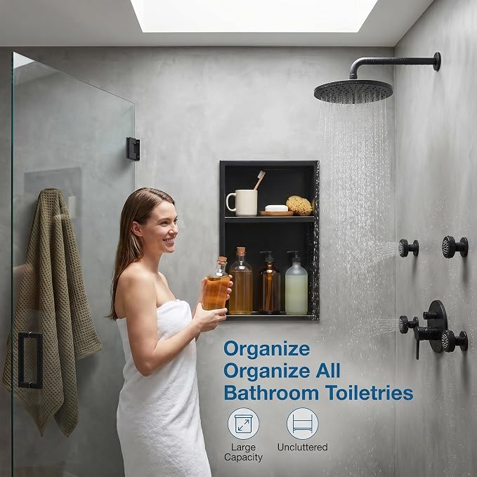 304 Stainless Steel Shower Niche 12” x 18” for Bathroom Storage | Matte Black Recessed Shower Niche No Tile Needed with 2-Tier Shelves for Bathroom Space Saving