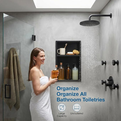304 Stainless Steel Shower Niche 12” x 18” for Bathroom Storage | Matte Black Recessed Shower Niche No Tile Needed with 2-Tier Shelves for Bathroom Space Saving