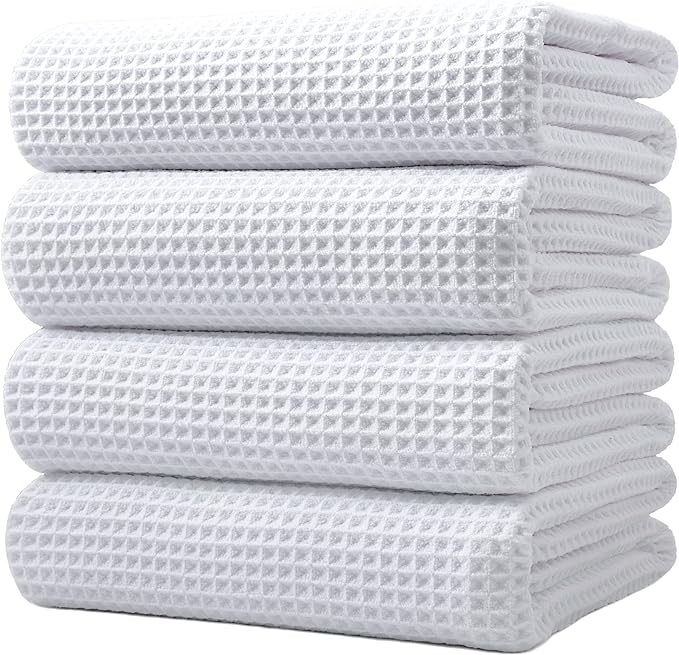 POLYTE 430 GSM Poly Blend Microfiber Quick Dry Waffle Bath Towel, 30x60 in | 4 Pack, Oversize, Lint Free, Body Towel