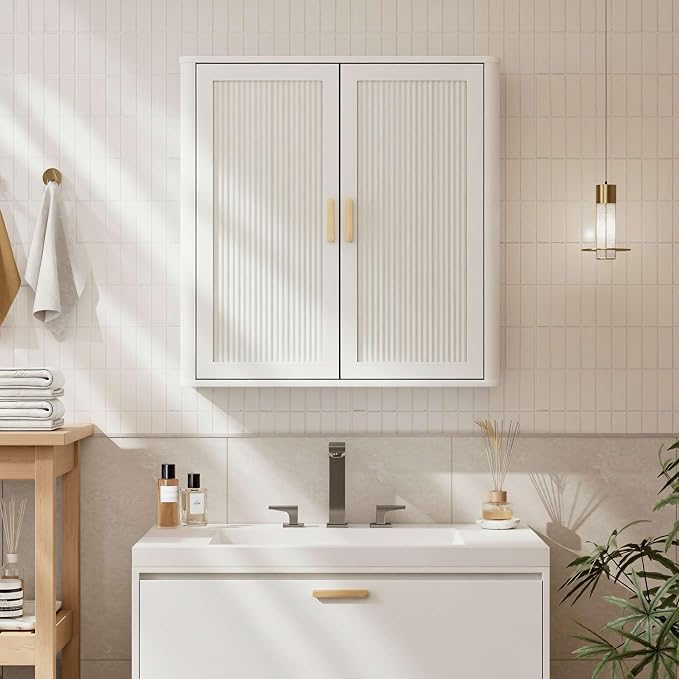 INNOD Bathroom Storage Cabinet, Over The Toilet Storage Cabinet, Medicine Cabinet with Adjustable Wood Shelf & Doors for Laundry Room & Kitchen & Living Room(White)