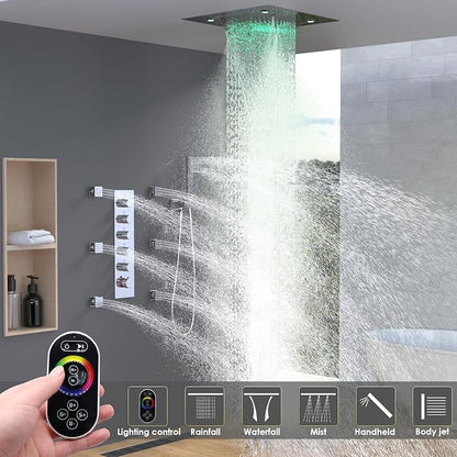 Enga 20 Inch Rain Shower System, LED Atomizing Rainfall Waterfall Large Horizontal Square Ceiling Shower Head with Remote Control Thermostatic Shower Faucet Set Flow Can Be Controlled, Chrome