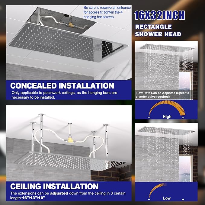 Ceiling Mount Rectangle Rainfall Shower Head, 16x32inch Luxury High Pressure Rain Showerhead with Silicone Nozzles Full Body Fixed Showerheads For Modern Bathroom, Chrome Finish