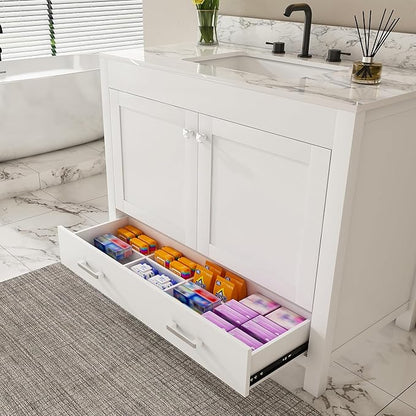Montary 42" Bathroom Vanity with 43" Sintered Stone Carrara White Top, Modern Stylish MDF Bathroom Storage Cabinet, Vanity Set with 2 Doors and One Large Divided Drawer, White (Three Holes)