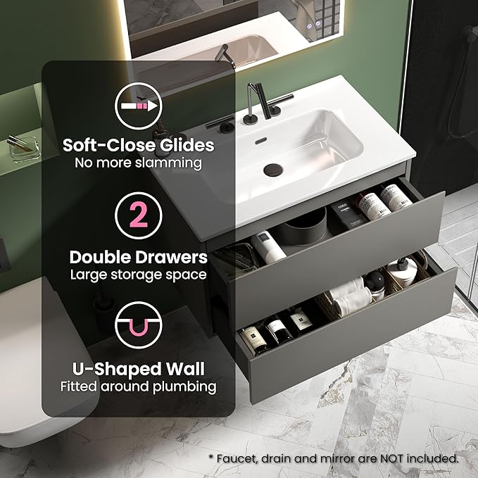 30" Bathroom Vanity with Sink, Modern Floating Vanity with Double Soft Closing Drawers, Large Storage for Small Space, Space Gray, Fully Assembled - Iris Collection