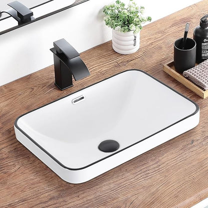 Bathroom Vessel Sink 20.6'' x 14.7'' Semi Recessed Bathroom Sink Rectangular Drop In Sink with Overflow White with Black Trim Ceramic Modern Vessel Sinks for Bathroom