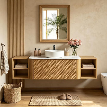 60 Inch Modern Bathroom Vanity with Ceramic Sink, Floating Bathroom Sink Cabinet with Sintered Stone Top&Solid Wood Hammered Frame, Single Bathroom Vanities w/Soft-Close Drawer&2 Side Open Cube