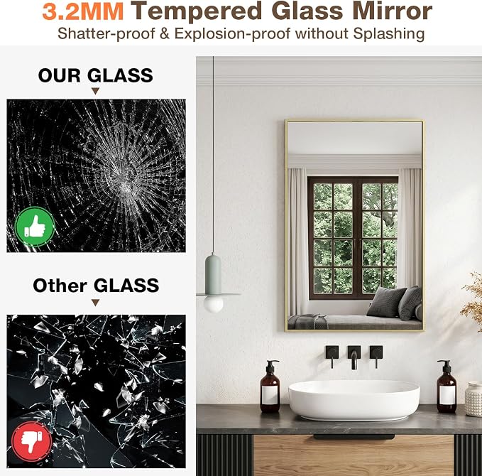 MZON 16" x 20" Brushed Gold Bathroom Vanity Mirror, Mirror for Over Sink | Aluminum Alloy Frame, Clear Reflection, Rust-Resistant, Vertical or Horizontal, Wall Mount, Bedroom and Entryway