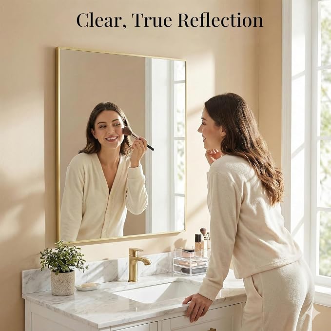 30"x36" Satin Gold Framed Rectangle Bathroom Vanity Wall Mirror | Over-Sink Vanity Mirror, Slim Metal Frame, Entryway or Dresser Use, Vertical/Horizontal Mount, Tempered Glass