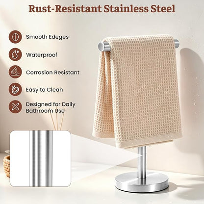 Hand Towel Holder Stand, Freestanding Bathroom Towel Rack, Silver, 2 Pack | Weighted Stainless Steel Base Helps Prevent Tipping While The Open T-Shape Keeps Towels Dry on Bathroom Countertops