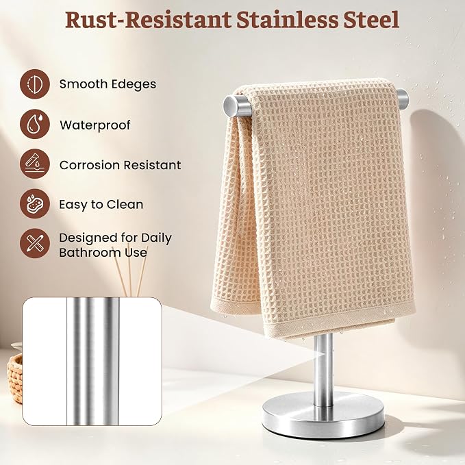 Hand Towel Holder Stand, Freestanding Bathroom Towel Rack, Silver | Weighted Stainless Steel Base Helps Prevent Tipping While The Open T-Shape Keeps Towels Dry on Bathroom Countertops