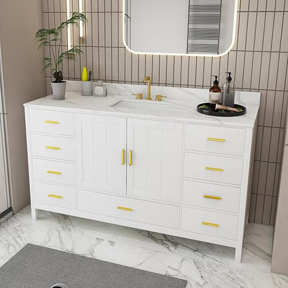 60 Inch Bathroom Vanity with Sink&Countertop,Carrara White Quartz Counter Top with Sink&Backsplash,White Bathroom Cabinet Set with 2 Doors and 9 Drawer(Three Holes)