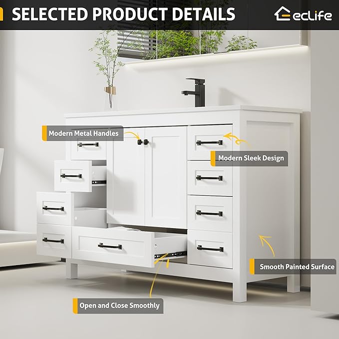 eclife 48" Bathroom Vanities with Sink Combo, Modern Thickened Wood Bathroom Storage Cabinet w/Undermount Single Sink, Matte Black Faucet Drain, Painted Surface, White