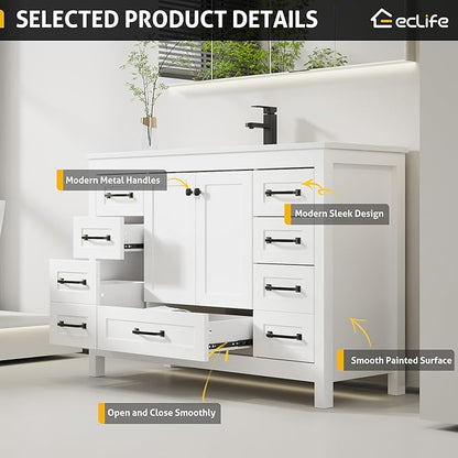 eclife 48" Bathroom Vanities with Sink Combo, Modern Thickened Wood Bathroom Storage Cabinet w/Undermount Single Sink, Matte Black Faucet Drain, Painted Surface, White