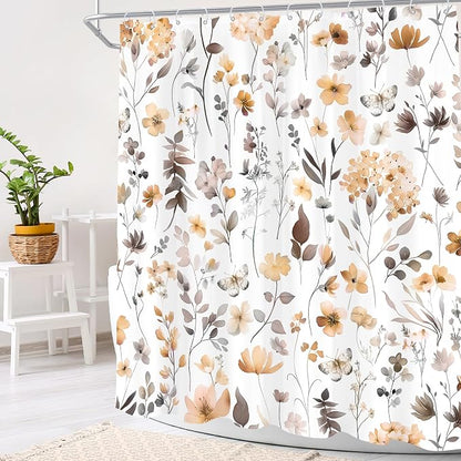 Cute Floral Orange Flower Watercolor Wildflower Bathroom Shower Curtain Set | 72"W x 72"H Butterfly Plants; waterproof HD print, quick-dry fabric and plastic hooks for easy setup.