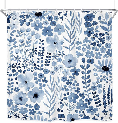 Navy Blue Floral Wildflower Watercolor Flower Bathroom Shower Curtain Set | 72"W x 72"H Leaves Botanical; waterproof HD print, quick-dry fabric with 12 hooks for easy hanging.