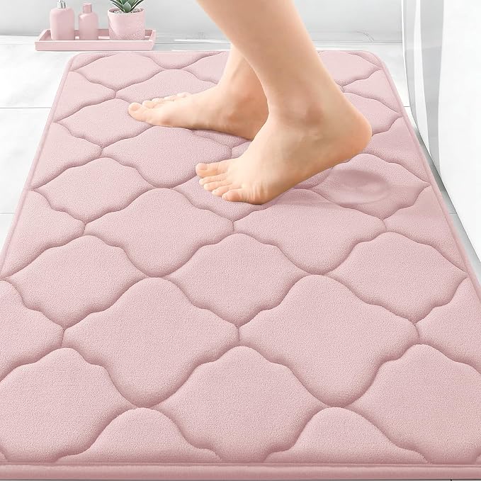 OLANLY Memory Foam Bath Mat Rug 30x20, Ultra Soft and Absorbent Bathroom Rugs, Non-Slip, Comfortable, Machine Washable Bath Carpet for Bathroom Floor, Tub, Shower and Home Decor Accessories, Pink