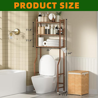 3-Tier Over Toilet Storage with Anti-Tilt Safety System - 150lb Total Capacity Metal Bathroom Shelves Including Paper Holder & 4 Hooks, Space Saving Above Commode Organizer (64" H, Bronze)