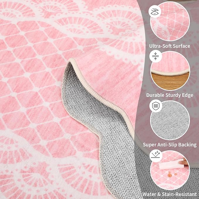 GarveeHome Washable Pink Rugs 2x6 Scalloped Kitchen Runner Rug Hallway, Non-Slip Bordered Bedside Rug, Non-Shedding Scalloped Carpet Runner for Laundry Room, Bedroom, Living Room, Pink