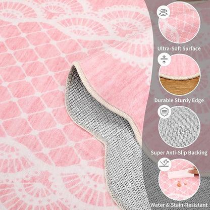 GarveeHome Washable Pink Rugs 2x6 Scalloped Kitchen Runner Rug Hallway, Non-Slip Bordered Bedside Rug, Non-Shedding Scalloped Carpet Runner for Laundry Room, Bedroom, Living Room, Pink