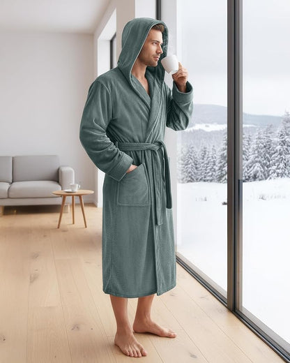 NY Threads Mens Robe with Hood, Luxury Plush Fleece Hooded Mens Bathrobe, Spa Bath Robe for Men