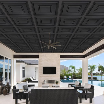 STICKGOO Black PVC Ceiling Tiles, 24 x 24 in, 12 Pack | 2 x 2ft Drop ceiling panels, covers 48 sq ft, lightweight, ideal for glue-up installation or covering existing ceiling