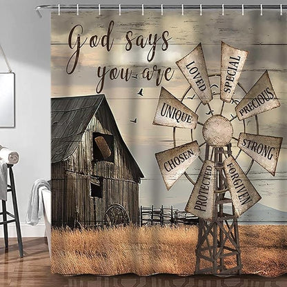 Western Barn Windmill Shower Curtain Sets for Bathroom,Rustic Inspirational Quotes Country Vintage Shower Curtains, Waterproof Farmhouse Bathroom Bathbub Decor Curtains with Hooks 70X70IN