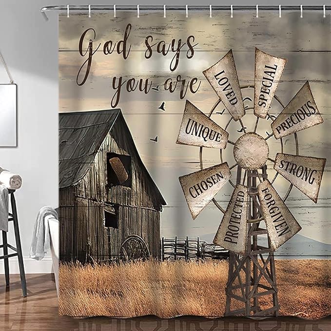 Western Barn Windmill Shower Curtain Sets for Bathroom, Rustic Inspirational Quotes Country Vintage Shower Curtains, Waterproof Farmhouse Bathroom Bathbub Decor Curtains with Hooks, 70X75IN