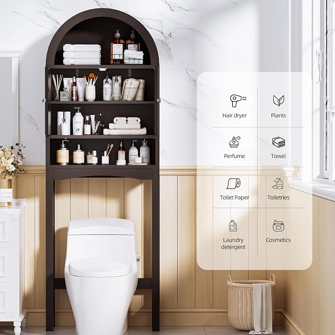 Spurgehom Arch Over The Toilet Storage Cabinet, Bathroom Organizer (Coffee) | Freestanding Bathroom Shelf Equipped with Anti-Tipping Device, Space-Saving Vertical Toiletries Storage Cabinet