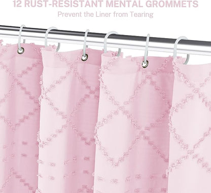 Siiluminisoy Boho Shower Curtain Pink Woven Fabric Cute Shower Curtain, 72 x 72 Tufted Chevron Textured Striped Modern Farmhouse Minimalist Cloth Shower Curtains for Bathroom