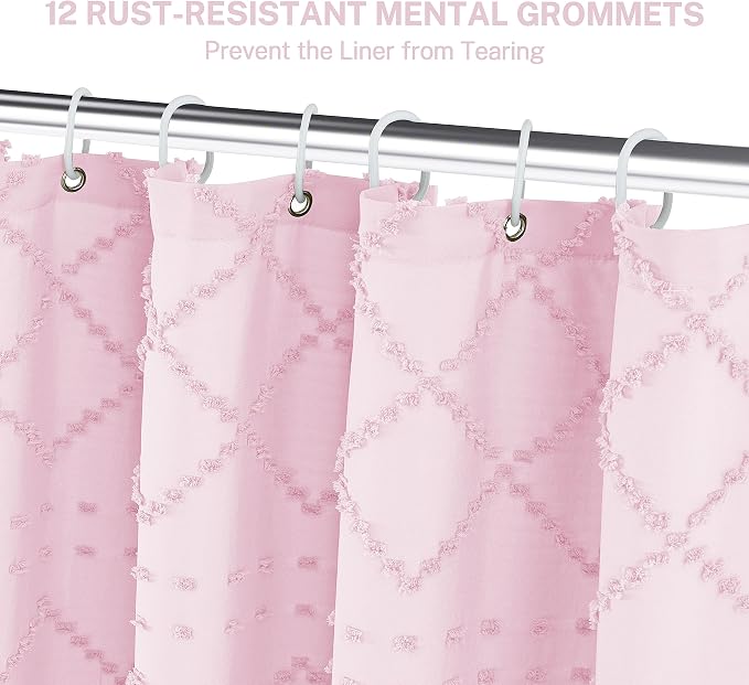 Siiluminisoy Extra Long Pink Boho Shower Curtain Woven Fabric Cute 84 Inch Shower Curtain, 72 x 84 Tufted Chevron Textured Striped Modern Farmhouse Minimalist Cloth Shower Curtain for Bathroom