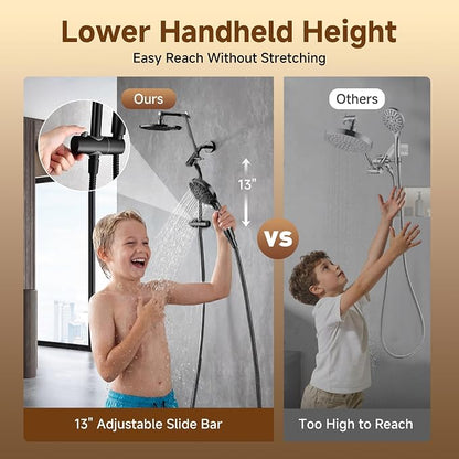 BRIGHT SHOWERS Rain Shower System with Handheld, High Pressure Dual Shower Head Combo, 9-Spray Modes, Adjustable Slide Bar & Extension Arm, 3-Way Diverter, Built-in Power Wash, 69" Hose, Matte Black