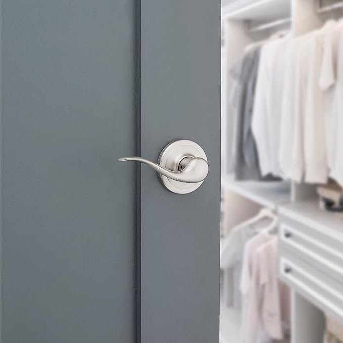 Kwikset Tustin Dummy Door Handle, Single Sided Lever for Closets, French Double Doors, and Pantry, Satin Nickel Non-Turning Right Handed Interior Push/Pull Lever, with Microban Protection