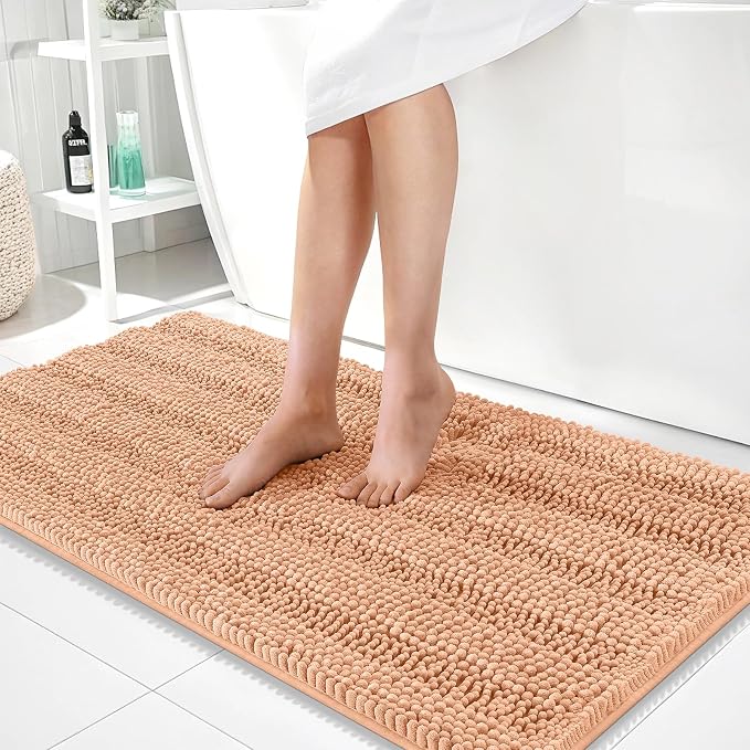 OLANLY Thick Bathroom Runner Rugs 44x24, Soft Chenille Bath Rugs, Peach | Absorbent Striped, Rubber Backing, Machine Wash, Long Bath Mats for Bathroom Floor, Tub and Shower, Home Decor Accessories