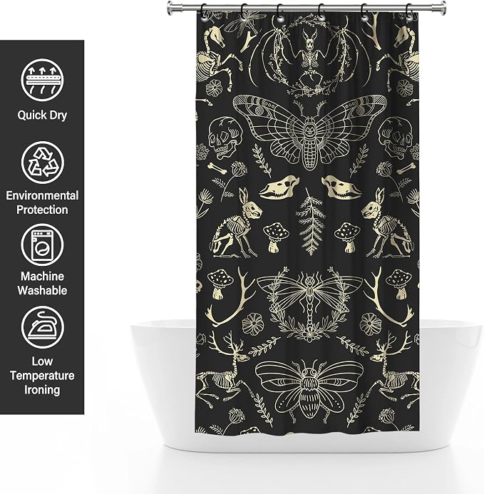 Halloween Black Gold Skeleton Moth Stall Shower Curtain Set 36x72 Inches | Black Gold Skeleton Moth Halloween Print, Witchy Gothic Decor, Ideal for Stall & Guest Bathroom, Great Housewarming Gift